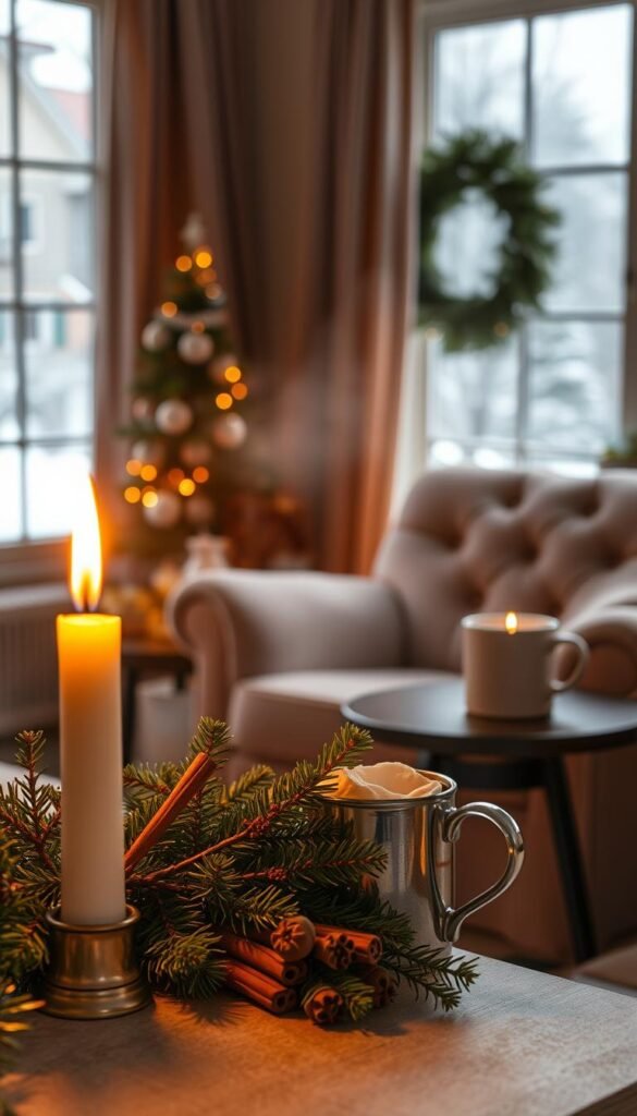 Ambient seasonal scents drift through a cozy bedroom, illuminated by soft, warm lighting. In the foreground, a candle flame flickers, casting a golden glow on a mix of festive evergreen sprigs, cinnamon sticks, and cloves. In the middle ground, a plush, velvet armchair sits beside a side table bearing a steaming mug of spiced cider. In the background, a large window frames a snow-covered landscape, hinting at the crisp winter air outside. The overall atmosphere is one of tranquility, comfort, and holiday cheer, inviting the viewer to pause and savor the moment.