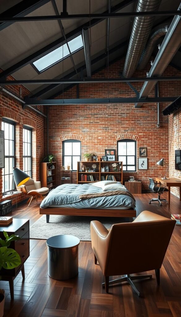 An airy, industrial-style loft bedroom with exposed brick walls, metal beams, and large windows that flood the space with natural light. A king-size bed with a low platform frame sits at the center, adorned with cozy bedding and plush pillows. In the foreground, a mid-century modern nightstand with a sleek metal lamp casts a warm glow. The middle ground features a vintage armchair and a freestanding bookshelf filled with eclectic decor. The background showcases a minimalist workspace with a wooden desk and a swivel chair. Pops of greenery and warm wood tones add softness to the rugged, masculine aesthetic. The overall mood is stylish, relaxed, and reflective of a modern teen's unique personality.