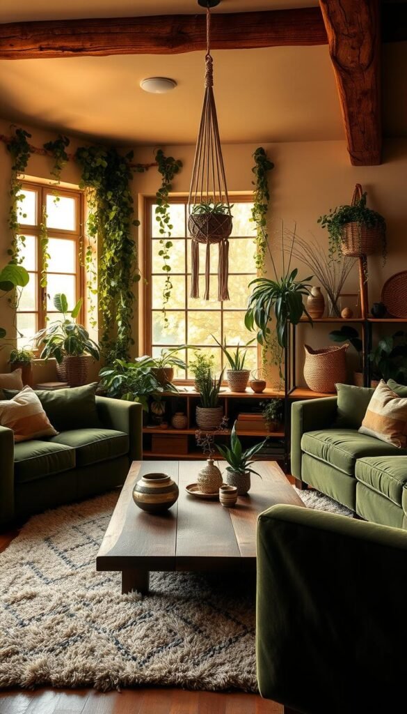 An earthy living room with lush greenery and natural textures. A central coffee table made of reclaimed wood, surrounded by plush velvet sofas in muted shades of green and brown. Trailing vines cascade from shelves, and a large window floods the space with warm, golden sunlight. Geometric ceramic planters and woven baskets add bohemian flair. Overhead, a rustic wooden beam supports a hanging macrame plant holder. Soft ambient lighting casts a cozy, earthy glow, while a plush area rug grounds the composition. This tranquil, nature-inspired scene evokes a sense of harmony and renewal.