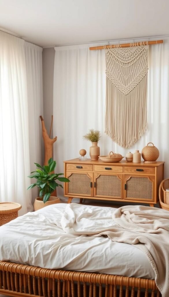 An effortlessly chic boho bedroom with a collection of natural wood and rattan furniture pieces. In the foreground, a low-profile rattan bed frame with plush, neutral-toned bedding. Beside it, a round rattan side table with a potted plant. In the middle ground, a wooden dresser with woven baskets and decorative objects. Behind, a large macrame wall hanging casts a warm, textured glow. Soft, diffused lighting filters in through sheer linen curtains, creating a cozy, layered atmosphere. The overall scene evokes a serene, organic sensibility with an elevated, bohemian aesthetic.