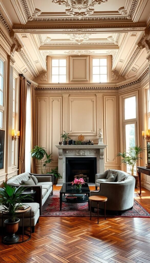 An elegant Parisian living room with classic architectural details. Tall windows with intricate moldings and ornate ceiling trim frame a cozy seating area bathed in warm, natural light. Herringbone hardwood floors and a grand, marble fireplace mantel with fluted columns create a refined, timeless ambiance. Plush velvet furnishings in muted tones complement the ornamental wall paneling and antique brass accents, evoking the timeless charm of a Haussmann-era apartment. A hint of greenery from potted plants and a vintage Persian rug add texture and depth to the scene.