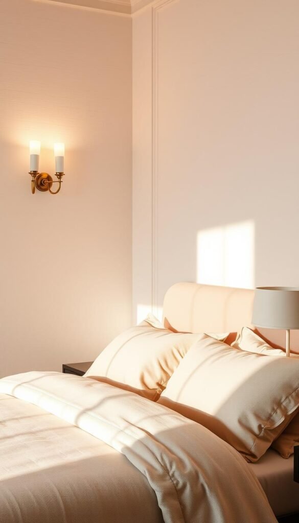 An elegant bedroom in a soothing neutral palette, bathed in warm, soft lighting. The main light source is a pair of brass wall sconces, their gentle glow illuminating the textured white walls and creating a calming ambiance. Strategically placed table lamps on the bedside tables provide additional focused lighting, casting a gentle shimmer on the creamy linen bedding. The overall lighting scheme is cohesive and intentional, harmonizing with the serene, high-end aesthetic of the space. Shadows and highlights are carefully balanced, evoking a sense of tranquility and luxury.