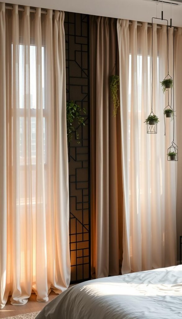 An elegant contemporary bedroom with a focal wall featuring a striking arrangement of diverse curtain alternatives. In the foreground, a sheer, diaphanous fabric panel cascades gracefully, complemented by mid-ground geometric metal screens that filter soft natural light. In the background, a mix of hanging plants and artistic mobiles create a serene, nature-inspired atmosphere. The overall mood is one of refined simplicity, blending textures and forms to elevate the space beyond the typical curtain design. Illuminated by warm, diffused lighting that casts gentle shadows, the scene radiates a sense of modern, minimalist sophistication.