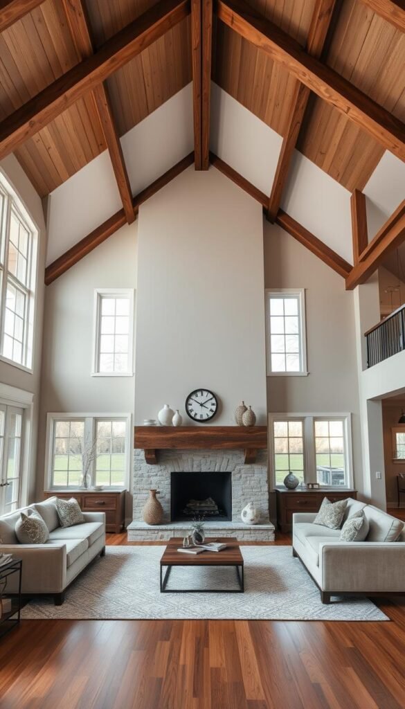 An elegant farmhouse living room with high ceilings, exposed wooden beams, and large windows that flood the space with warm, natural light. The main architectural feature is a stunning fireplace mantel made of reclaimed wood, its rustic charm highlighted by minimal decor - a few simple vases, a clock, and a single piece of wall art. The overall atmosphere is cozy yet refined, with a subtle color palette of muted grays, whites, and natural wood tones. Hardwood floors, plush area rugs, and soft, textured furnishings complete the inviting ambiance. The camera captures the room at a slightly elevated angle, emphasizing the height and grandeur of the space. An elegant farmhouse living room with high ceilings, exposed wooden beams, and large windows that flood the space with warm, natural light. The main architectural feature is a stunning fireplace mantel made of reclaimed wood, its rustic charm highlighted by minimal decor - a few simple vases, a clock, and a single piece of wall art. The overall atmosphere is cozy yet refined, with a subtle color palette of muted grays, whites, and natural wood tones. Hardwood floors, plush area rugs, and soft, textured furnishings complete the inviting ambiance. The camera captures the room at a slightly elevated angle, emphasizing the height and grandeur of the space.