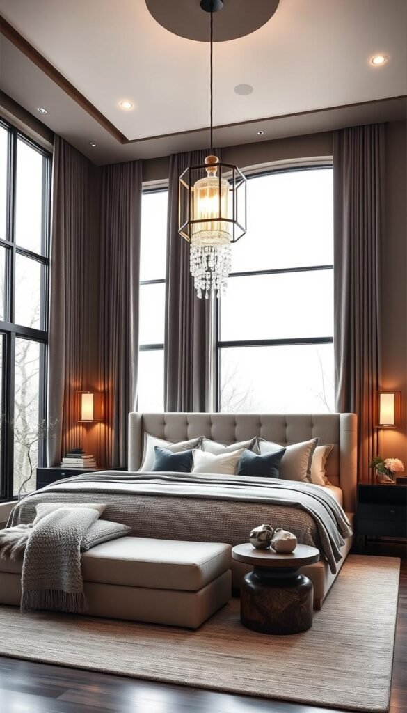 An elegant master bedroom with statement lighting fixtures that create a warm, inviting ambiance. A large pendant light with a modern, geometric design cascades from the high ceiling, casting a soft, diffused glow. Complementing the pendant are sleek wall sconces that flank a grand, upholstered headboard, illuminating the cozy seating area. Plush, textured bedding and a mix of natural materials, such as wood and stone, lend a luxurious, yet relaxed feel to the space. Expansive windows allow natural light to pour in, highlighting the carefully curated decor and creating a serene, spa-like atmosphere.