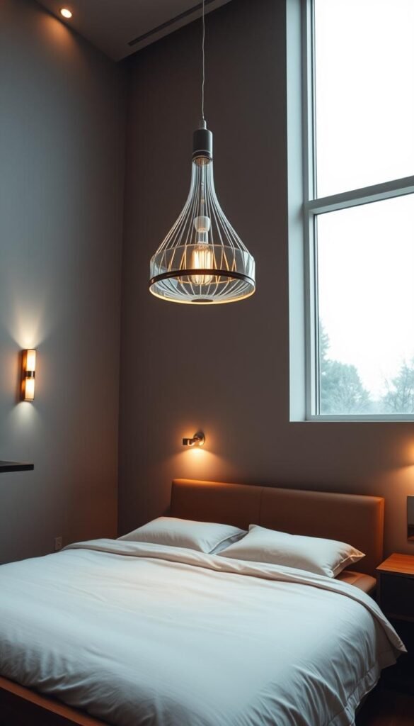 An elegant, modern bedroom with soft, diffused lighting illuminating the space. A statement pendant light fixture hangs gracefully above a mid-century inspired bed frame, casting a warm glow across the room. Floor-to-ceiling windows allow natural light to pour in, creating a tranquil ambiance. The walls are painted in a soothing, neutral tone, allowing the lighting to be the focal point. Strategically placed wall sconces and recessed ceiling lights provide additional layers of illumination, creating depth and defining the different zones within the bedroom. The overall mood is one of relaxation and sophistication, perfect for setting the tone in a stylish, contemporary space. An elegant, modern bedroom with soft, diffused lighting illuminating the space. A statement pendant light fixture hangs gracefully above a mid-century inspired bed frame, casting a warm glow across the room. Floor-to-ceiling windows allow natural light to pour in, creating a tranquil ambiance. The walls are painted in a soothing, neutral tone, allowing the lighting to be the focal point. Strategically placed wall sconces and recessed ceiling lights provide additional layers of illumination, creating depth and defining the different zones within the bedroom. The overall mood is one of relaxation and sophistication, perfect for setting the tone in a stylish, contemporary space.