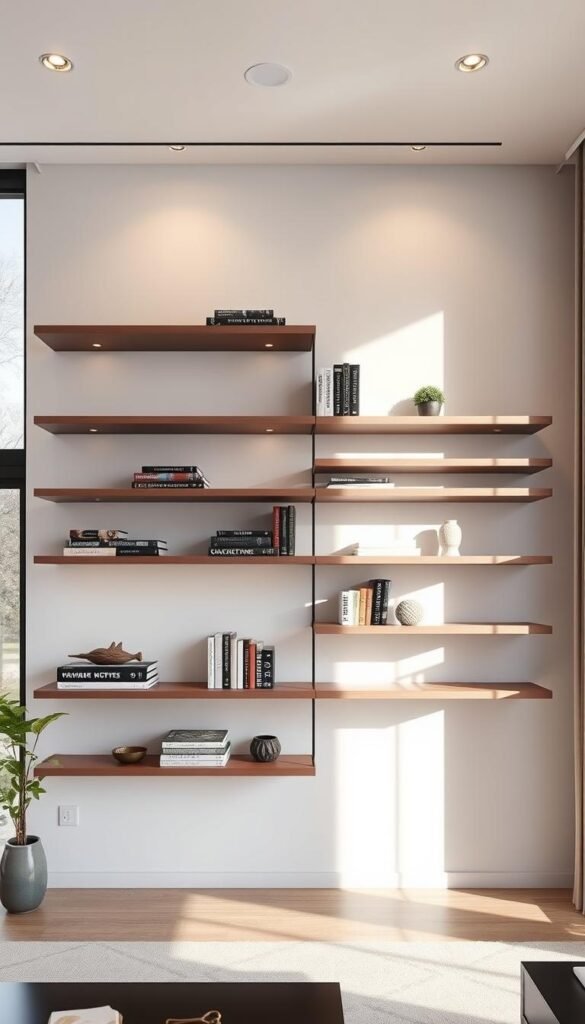 An elegant modern wall shelving system made of sleek, minimalist floating shelves in a bright, airy living room. The shelves are constructed from high-quality wood or metal with a matte finish, creating a sophisticated, streamlined look. Softly diffused natural light from large windows illuminates the shelves, highlighting the clean lines and highlighting the contents displayed. Subtle ambient lighting from recessed ceiling fixtures adds depth and a warm, inviting atmosphere. The shelves are arranged in a balanced, asymmetrical composition, allowing for versatile storage and display of books, decor, and personal items. An overall sense of modern simplicity and functionality pervades the scene.