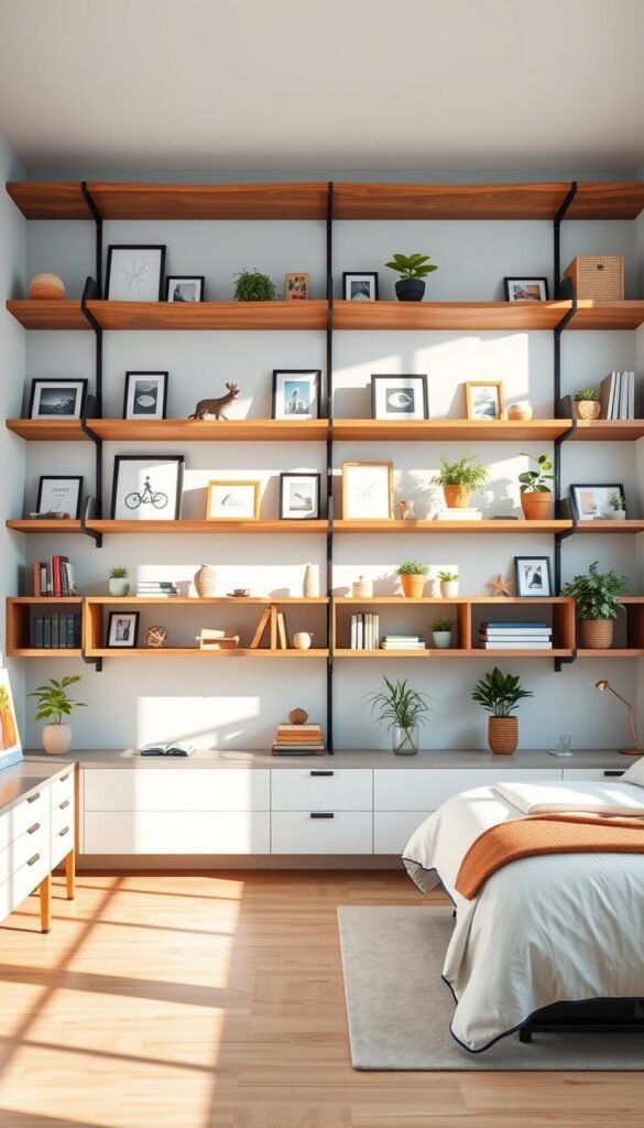 An expansive, customizable wall shelving system with adjustable, modular shelves in a bright, airy boys' bedroom. The shelves are arranged in a clean, symmetrical grid pattern, casting warm, natural lighting across the wood-grain surfaces. The shelves are adorned with an eclectic mix of framed artwork, potted plants, and decorative objects, creating a visually interesting and dynamic display. The bedroom features pale blue walls, light hardwood floors, and large windows that flood the space with soft, diffused daylight, establishing a calming, serene atmosphere ideal for a growing child's room.