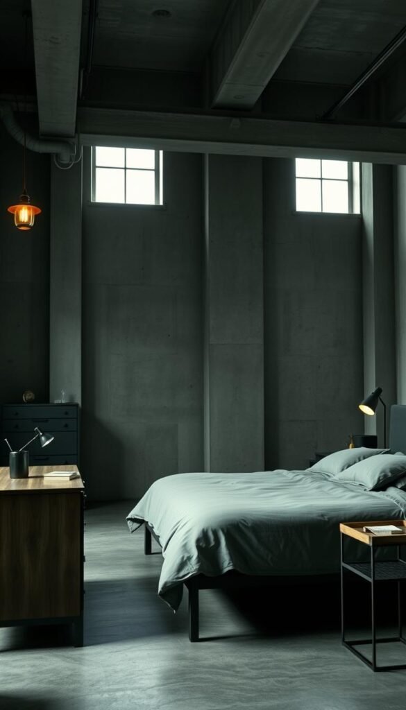 An industrial-style bedroom with a monochrome color palette. A spacious, loft-like room with high ceilings and exposed concrete walls. Dimly lit by warm, vintage-inspired sconces casting a soft glow. Minimal, utilitarian furnishings in shades of gray and black - a low-profile platform bed, a simple wooden dresser, and a distressed metal side table. Complementary textures like weathered leather, matte black steel, and raw wood create visual interest. Large windows allow natural light to filter in, casting dramatic shadows. An overall moody, urban atmosphere that evokes a sense of refined simplicity.