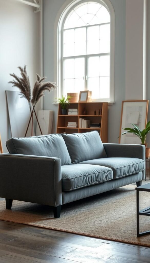 An interior design studio setting, bathed in soft natural light from a large window. In the foreground, a well-crafted gray sofa sits prominently, its refined lines and plush upholstery inviting close examination. Tilt the camera slightly to accentuate the sofa's silhouette and reveal the nuanced undertones - are they cool and bluish, or warm and beige? Subtly showcase the textures and sheen of the fabric, allowing the viewer to discern the character of the upholstery. The background should be minimalist and uncluttered, placing the focus solely on the sofa and its captivating undertones.