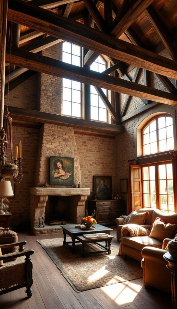 An interior of a French country living room with warm, natural lighting spilling through large windows, illuminating the exposed wooden beams that criss-cross the high ceilings. The room is filled with a cozy and romantic ambiance, with ornate stone fireplaces, aged wood furniture, and plush textiles in earthy tones. The architectural elements, such as the reclaimed wooden beams and stone walls, create a timeless and rustic feel, while the overall composition suggests a harmonious balance between the past and present.