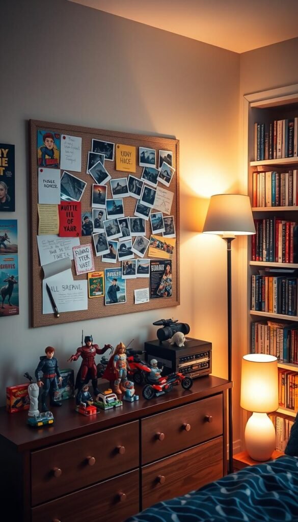 An intimate, cozy boys bedroom with personalized accents that capture his current interests. In the foreground, a neatly arranged display of action figures, Lego sets, and other collectibles atop a wooden dresser. The middle ground features a wall-mounted bulletin board adorned with colorful posters, sketches, and polaroid snapshots, giving the space a youthful, creative vibe. The background showcases bookshelves filled with adventure novels, comic books, and science magazines, bathed in soft, warm lighting from a floor lamp in the corner. The overall atmosphere evokes a sense of individuality, exploration, and growth, reflecting the personality and passions of the room's young occupant.