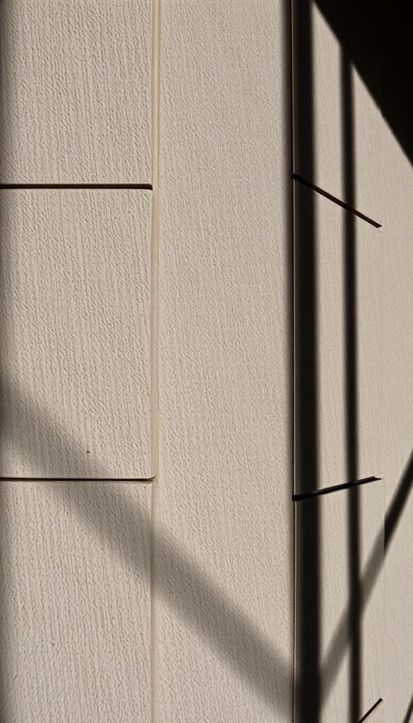 Architectural wall texture elements: a high-contrast, geometric pattern of raised ridges, recessed grooves, and intricate shadows cast by dramatic lighting. The surface has a weathered, textured appearance, with subtle variations in tone and hue creating depth and visual interest. The composition emphasizes clean lines, sharp angles, and a sense of balance, evoking a modern, minimalist aesthetic. Captured from an angled perspective, the image showcases the interplay of light and shadow, highlighting the architectural qualities of the design. The overall mood is one of sophistication and refined elegance, perfectly suited to accent a long living room wall.