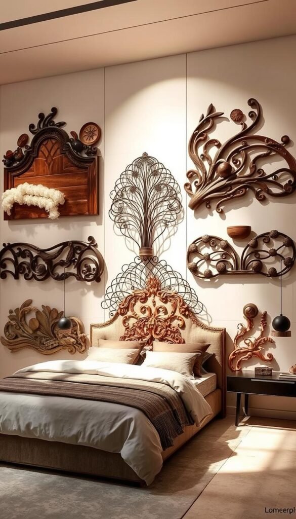 Artistic headboard design concepts: A captivating display of intricate, sculptural headboards that transcend function and elevate the bedroom into a canvas for creative expression. Dramatic silhouettes carved from wood, metal, and textiles dance in the soft, warm lighting, casting mesmerizing shadows that add depth and character. Thoughtfully curated textures, organic shapes, and unexpected materials intertwine to create a visually striking focal point, inspiring the viewer to imagine the limitless possibilities of elevating the mundane into the extraordinary. The scene is framed by a minimalist, airy backdrop, allowing the headboards to take center stage as true works of art.