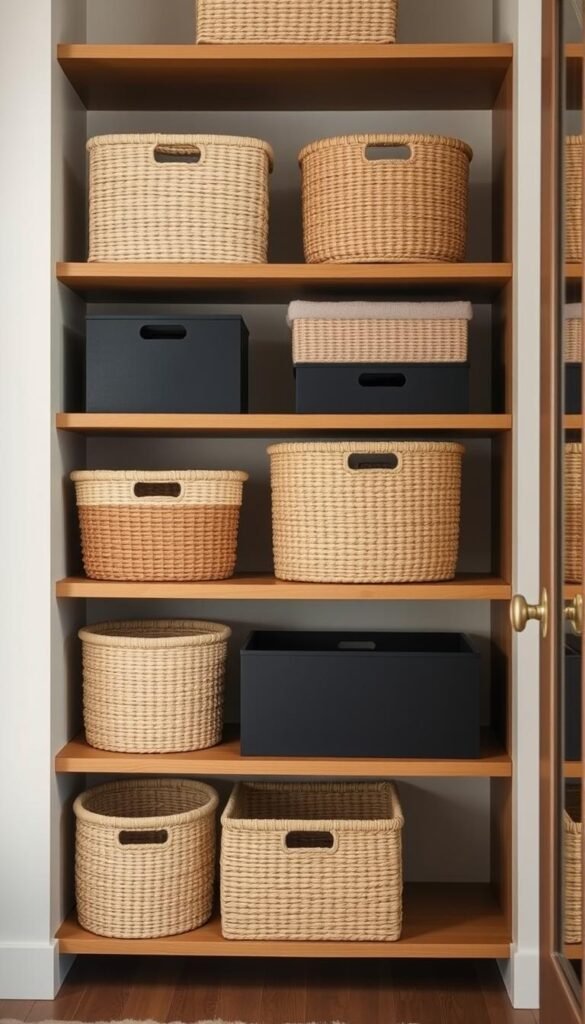 Basket and Bin Storage Solutions: A Beautifully Organized Interior A warm, inviting interior showcasing an elegant arrangement of woven baskets and sleek storage bins. Positioned on modern wooden shelves, the baskets in natural tones of beige and taupe create a soothing, earthy palette. Interspersed between the baskets, the matte black storage bins add a touch of refined contrast. Soft, diffused lighting casts a gentle glow, highlighting the textures and materials. The overall scene exudes a sense of order and tranquility, perfectly complementing the "Embrace the Beauty of Baskets and Bins" theme.