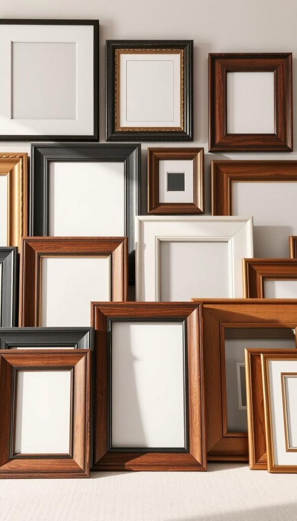 Bedroom decor frames selection: a curated assortment of elegant picture frames in various sizes, shapes, and finishes, arranged in a meticulously styled vignette. Soft, diffused lighting illuminates the frames, highlighting the intricate textures and subtle hues of the materials - rich wood grains, sleek metal accents, and muted matte tones. The frames are positioned in a harmonious layout, creating a visually captivating display that invites the viewer to imagine the personalized artwork and memories they could showcase. The overall mood is one of refined sophistication, inspiring the viewer to thoughtfully select the perfect frames to elevate their bedroom wall decor.
