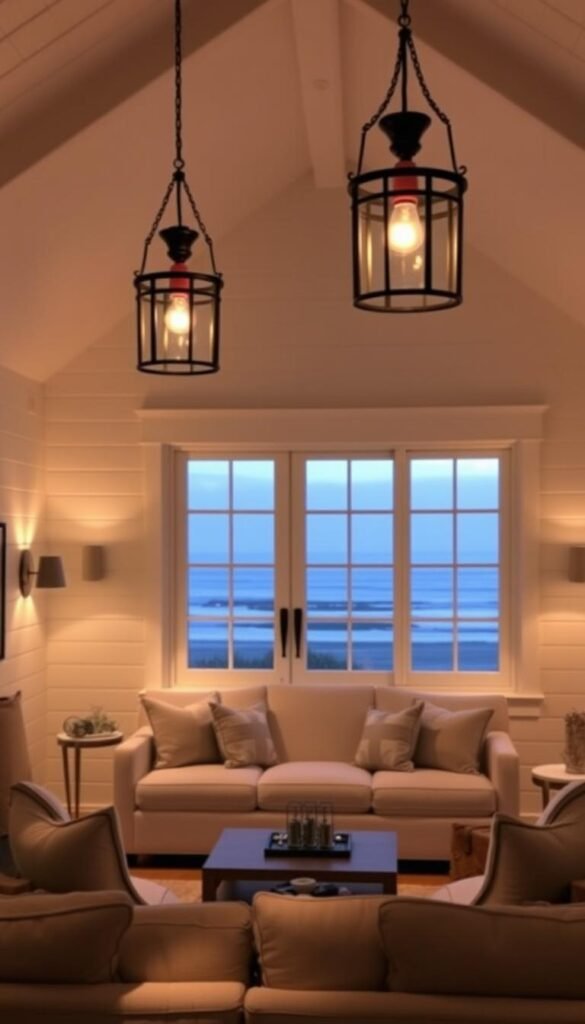Coastal lighting solutions: A tranquil beach house living room, bathed in the soft glow of warm, ambient lighting. Overhead, a pair of rustic lanterns cast a gentle illumination, casting shadows that dance on the whitewashed walls. In the foreground, a trio of dimmable sconces flank a large picture window, framing the serene ocean view beyond. The overall effect is one of cozy elegance, creating a relaxing, seaside ambiance perfect for a beach-inspired home. Coastal lighting solutions: A tranquil beach house living room, bathed in the soft glow of warm, ambient lighting. Overhead, a pair of rustic lanterns cast a gentle illumination, casting shadows that dance on the whitewashed walls. In the foreground, a trio of dimmable sconces flank a large picture window, framing the serene ocean view beyond. The overall effect is one of cozy elegance, creating a relaxing, seaside ambiance perfect for a beach-inspired home.