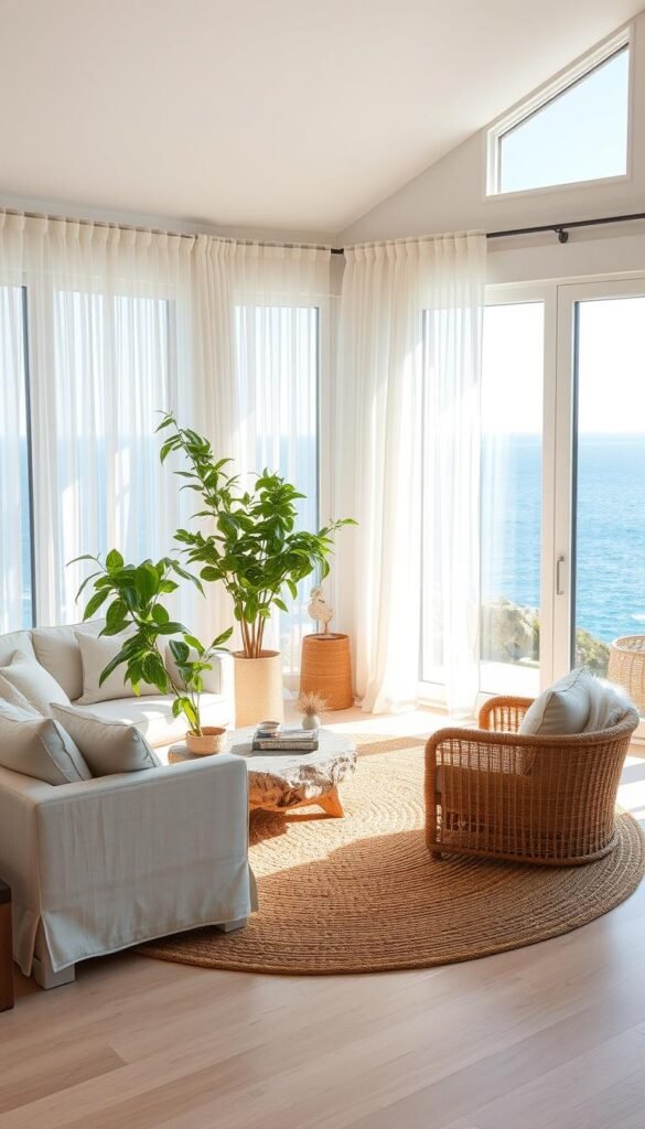 Coastal living room with sheer curtains and natural floor. A sun-drenched space, the room is bathed in soft, natural light filtering through gauzy white curtains. Plush jute area rug grounds the room, its earthy tones complementing the pale, weathered wood floors. Soft, neutral furniture - a linen-upholstered sofa and armchairs - create a relaxed, laid-back ambiance. Lush, trailing potted plants add pops of verdant color, while a driftwood coffee table and woven accents evoke the breezy, seaside charm. Wide, panoramic windows offer breathtaking views of the nearby coastline and glistening blue waters beyond. The overall mood is one of serenity and understated elegance. Coastal living room with sheer curtains and natural floor. A sun-drenched space, the room is bathed in soft, natural light filtering through gauzy white curtains. Plush jute area rug grounds the room, its earthy tones complementing the pale, weathered wood floors. Soft, neutral furniture - a linen-upholstered sofa and armchairs - create a relaxed, laid-back ambiance. Lush, trailing potted plants add pops of verdant color, while a driftwood coffee table and woven accents evoke the breezy, seaside charm. Wide, panoramic windows offer breathtaking views of the nearby coastline and glistening blue waters beyond. The overall mood is one of serenity and understated elegance.