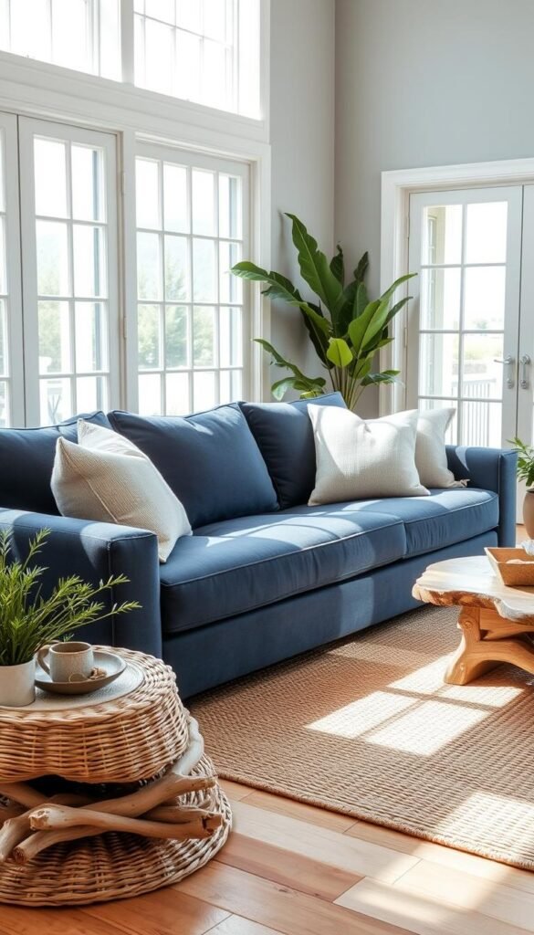Coastal navy blue sofa with light accents, softly illuminated by natural daylight filtering through large windows. The plush cushions and clean lines of the sofa create an inviting, serene atmosphere. Lightweight linen throw pillows in sandy beige and pale blue hues complement the sofa, evoking a sense of coastal living. The floor is covered in a woven natural fiber rug, and a driftwood coffee table adds organic texture. Potted plants and driftwood accents bring the outdoors in, completing the breezy, relaxed ambiance.