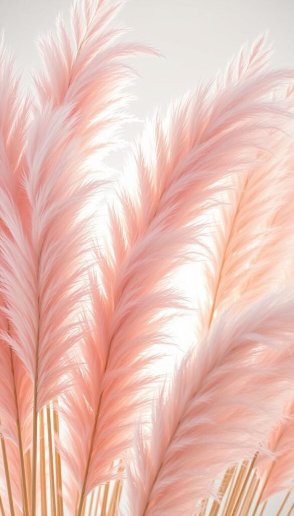Colorful pampas grass textural combinations set against a soft, diffused lighting. Lush, flowing plumes in shades of pink, beige, and soft lavender cascading across the frame. Intricate, feathery details highlighted by gentle backlighting, creating a sense of depth and dimension. Contrasting smooth and fluffy textures merge seamlessly, forming a visually captivating display. The composition is balanced, with the grasses occupying the middle and foreground, framed by a softly blurred, neutral background. An elegant, harmonious palette that evokes a serene, natural ambiance.