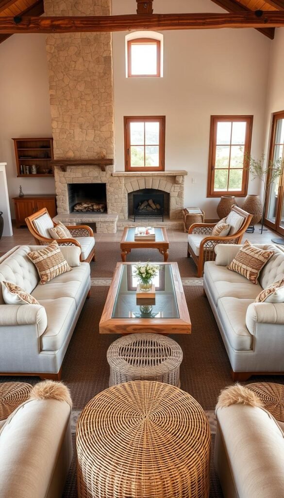 Comfortable Mediterranean furniture pieces arranged in a warm, inviting living room setting. In the foreground, a plush, tufted sofa with soft, neutral upholstery and wooden accents. Flanking the sofa, two matching armchairs with rattan detailing, positioned to encourage conversation. In the middle ground, a natural wood coffee table with a glass top, surrounded by woven ottomans. The background features a stone fireplace with a rustic mantel, and large windows overlooking a sun-drenched Mediterranean landscape. Soft, diffused lighting creates a cozy, relaxing ambiance. Captured with a wide-angle lens to showcase the overall room composition.