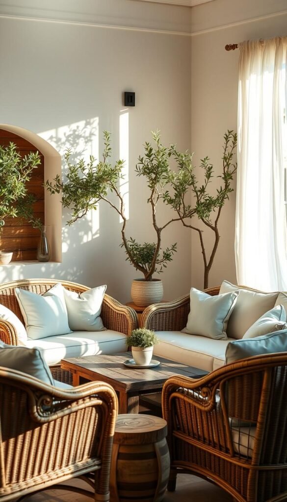 Comfortable Mediterranean furniture selection: a cozy corner of a Greek living room with an elegant sofa, armchairs, and a wooden coffee table, bathed in warm, natural lighting. Plush cushions in soft blues and whites complement the natural textures of the rattan and weathered wood. Potted olive trees and trailing vines add a touch of Mediterranean flair, while a sheer curtain gently billows, creating a serene, airy ambiance. The furniture is arranged in a conversational layout, inviting relaxation and leisurely chats. Subtle shadows and highlights accentuate the curves and contours, showcasing the craftsmanship and comfort of this harmonious furniture ensemble. Comfortable Mediterranean furniture selection: a cozy corner of a Greek living room with an elegant sofa, armchairs, and a wooden coffee table, bathed in warm, natural lighting. Plush cushions in soft blues and whites complement the natural textures of the rattan and weathered wood. Potted olive trees and trailing vines add a touch of Mediterranean flair, while a sheer curtain gently billows, creating a serene, airy ambiance. The furniture is arranged in a conversational layout, inviting relaxation and leisurely chats. Subtle shadows and highlights accentuate the curves and contours, showcasing the craftsmanship and comfort of this harmonious furniture ensemble.