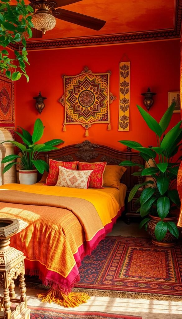 Cozy Indian bedroom with warm, earthy tones. A vibrant, layered color palette featuring hues of ochre, terracotta, deep crimson, and golden mustard. Soft, diffused lighting creates a inviting ambiance, illuminating woven textiles, intricately patterned rugs, and ornate carved furniture. Lush, verdant plants add pops of verdant green, complementing the rich, saturated tones. Intricate Rajasthani wall hangings and decorative brass accents lend an authentic, heritage-inspired aesthetic. The overall scene evokes a sense of comfort, tradition, and cultural essence.