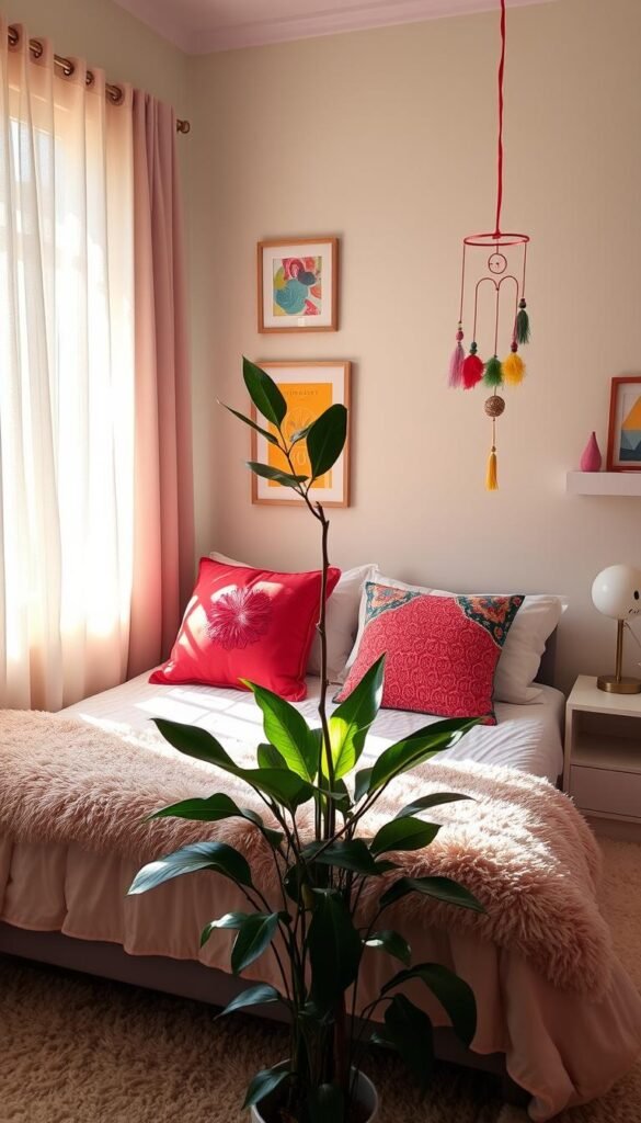 Cozy and vibrant shared bedroom with joyful accent pieces. Soft, natural lighting filters through sheer curtains, casting a warm glow. Decorative pillows in bright colors and patterns adorn the bed, complemented by a lush, leafy plant in the foreground. Cheerful wall art, like a framed abstract painting or a playful mobile, hangs above the bed. A plush, patterned rug grounds the space, while a pair of mismatched nightstands with whimsical lamps flank the bed. The overall atmosphere is youthful, inviting, and full of personality.