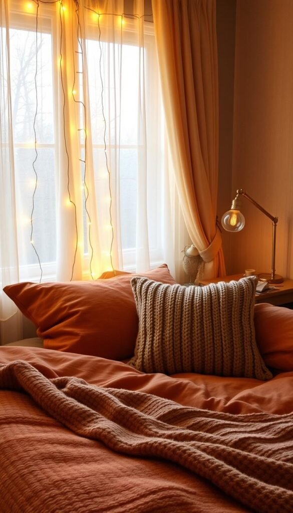 Cozy autumn bedroom with a warm, inviting ambiance. Soft string lights draped across the headboard, casting a gentle, golden glow throughout the space. Textured bedding in earthy tones of ochre and terracotta, plush throw blankets, and an oversized knitted pillow add depth and coziness. The window is slightly ajar, allowing the crisp fall breeze to whisper through sheer curtains. A single, vintage-inspired table lamp on the nightstand casts a subtle, flickering light. The overall mood is one of tranquility, comfort, and the soothing embrace of the autumn season.
