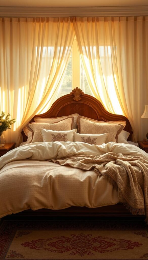 Cozy bedroom sanctuary, bathed in warm, golden light filtering through sheer curtains. Plush, textured bedding in soothing neutral tones - a luxurious duvet, fluffy pillows, and a soft, inviting throw blanket. Ornate, patterned textiles adorn the bed, complementing the rich, wooden headboard. Delicate, embroidered accents and a vintage-inspired area rug add depth and character. Subtle, ambient lighting creates a serene, relaxing atmosphere, perfect for unwinding. High-resolution, realistic, cinematic, no text.