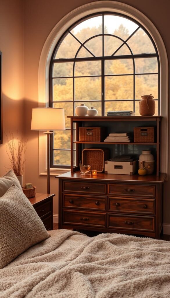 Cozy bedroom with plush textures and warm tones. Elegant wooden dresser and shelving unit in the foreground, arranged with carefully curated storage solutions - baskets, boxes, and decorative accents. Soft lighting from a floor lamp casts a gentle glow, creating a peaceful and inviting ambiance. Behind, a large arched window overlooks a lush, autumnal landscape. The scene conveys a sense of tranquility and organization, perfect for preparing the bedroom for the fall season.