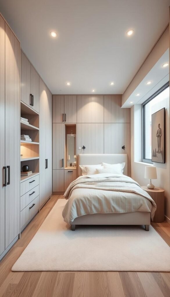 Cozy bedroom with strategic storage solutions, soft lighting, and clean lines. Minimalist furniture arrangement maximizes floor space. Floating shelves, built-in cabinetry, and raised bed frame optimize vertical real estate. Neutral color palette creates a serene, spa-like ambiance. Accent lighting highlights architectural details. Wide-angle lens captures the room's spatial efficiency. Soft, diffused lighting from table lamps and recessed fixtures. Warm, welcoming atmosphere despite compact dimensions.