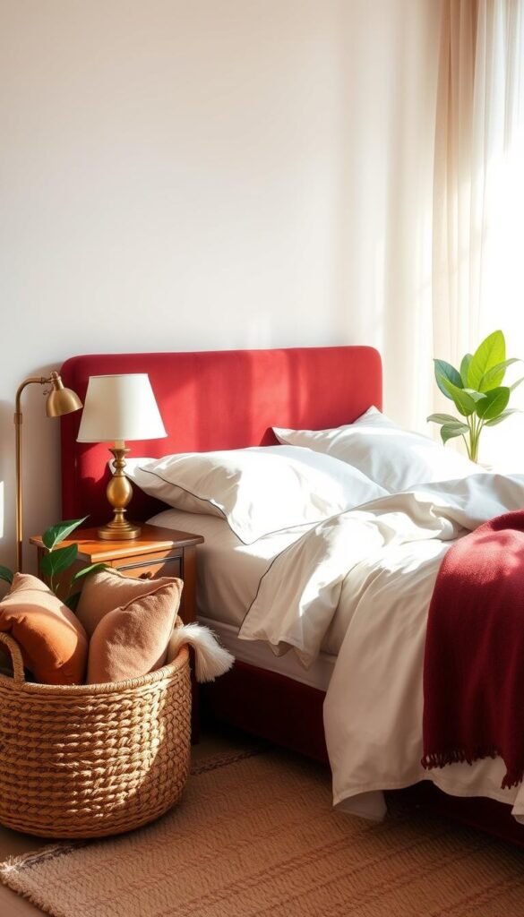 Cozy bedroom with warm, layered textures. Plush velvet headboard in deep burgundy, contrasted by crisp white linens and a fluffy chenille blanket. Vintage wooden side table with a brass table lamp casts a soft, ambient glow. In the corner, a woven basket overflows with throw pillows in earthy tones. Hints of greenery from a leafy potted plant add a fresh, natural touch. Textured area rug in a neutral palette grounds the scene. Natural light filters through sheer curtains, creating a tranquil, enveloping atmosphere.