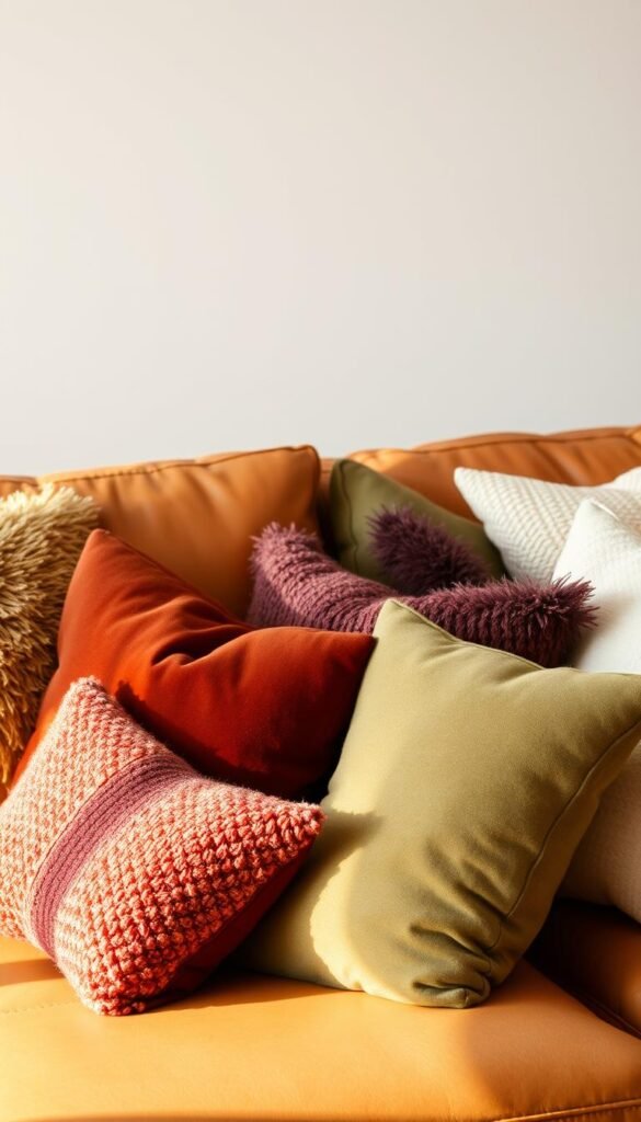 Cozy seasonal throw pillow arrangements on a tan leather sofa, bathed in warm, diffused natural light. In the foreground, an assortment of plush pillows in autumnal hues of rust, mustard, and burgundy, complemented by soft textures like velvet and boucle. In the middle ground, additional accent pillows in muted greens and creams, creating a harmonious color palette. The background features a neutral wall, allowing the textural elements to take center stage. The overall scene exudes a sense of hygge, inviting the viewer to sink into the comfortable living space and enjoy the seasonal ambiance.