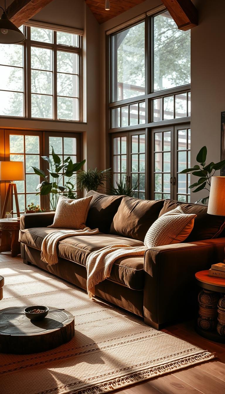 Dark Brown Sectional Living Room Decor with Warm Lighting