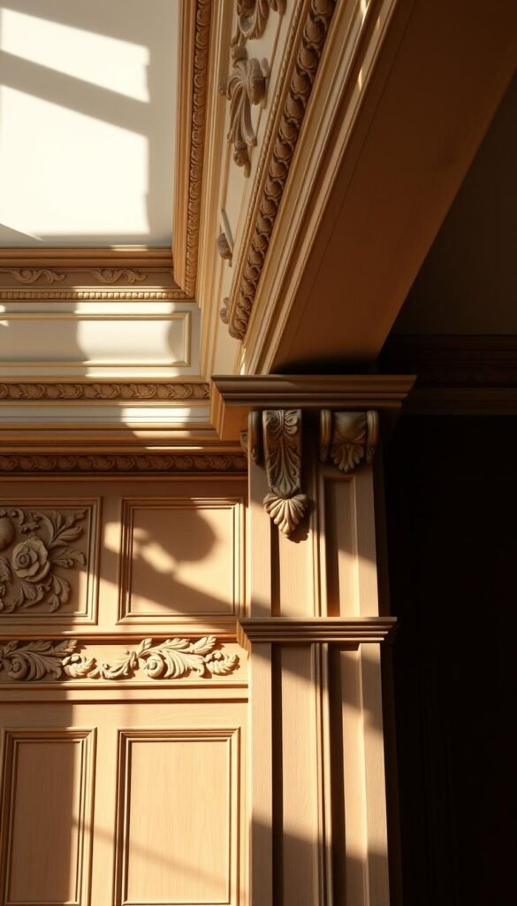 Detailed architectural molding and wainscoting adorning the walls of a grand living room. Intricate floral and leaf patterns carved into the wood, casting dramatic shadows in the soft, warm lighting. A classic, ornate design that exudes timeless elegance and sophistication. The neutral color palette allows the rich textures and sculpted forms to take center stage, adding depth and character to the space. Captured from a low angle to emphasize the imposing scale and stately presence of these architectural embellishments.