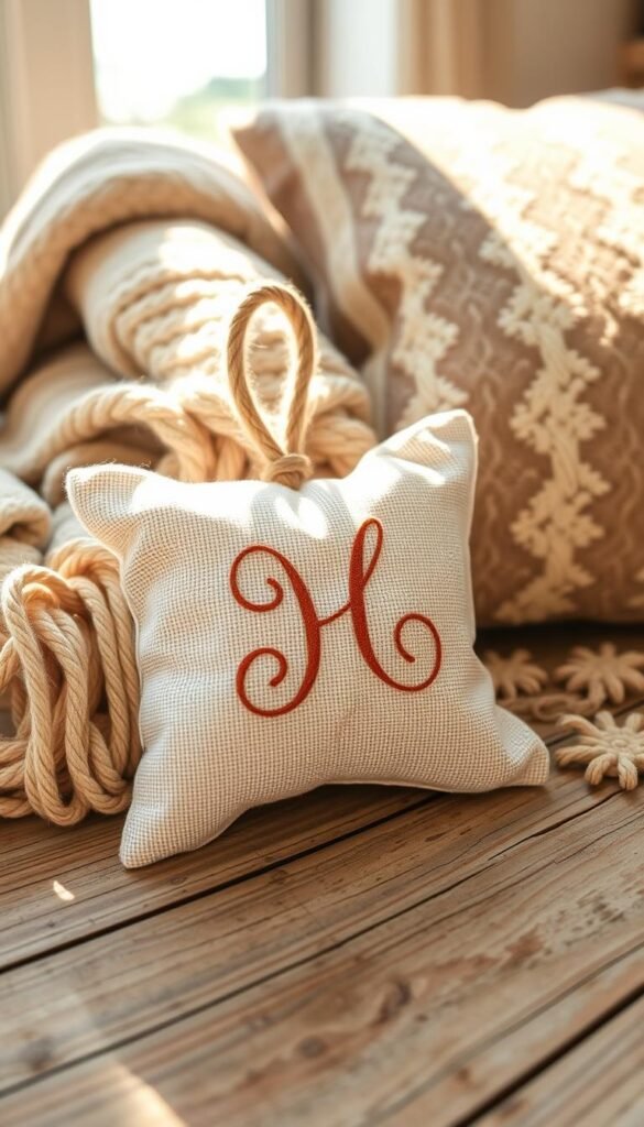 Detailed close-up shot of a handmade, DIY monogrammed pillow charm in a modern farmhouse style. The charm features a soft, textured linen fabric with a hand-stitched, cursive initial letter in a complementary color. The charm has a thick, woven cord loop for hanging and is lit by warm, natural lighting from a window, casting gentle shadows. The charm is positioned on a rustic, weathered wood surface, surrounded by cozy, neutral-toned textiles like a knitted throw and a patterned pillow, creating an inviting, homey atmosphere.