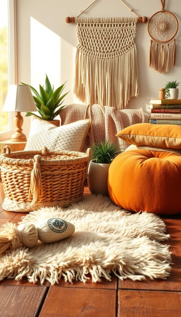 Detailed, high-resolution digital painting of a boho style essentials checklist, arranged on a rustic wooden surface. In the foreground, a soft, fluffy rug, a woven basket, and a stack of plush pillows in earthy tones. In the middle ground, a tasseled throw blanket, a macrame wall hanging, and a potted plant. In the background, a pair of vintage-inspired lamps, a stack of decorative books, and a dreamcatcher. Warm, natural lighting illuminates the scene, creating a cozy, inviting atmosphere. The overall composition is balanced, with a mix of textures and a harmonious color palette of beige, mustard, and terracotta tones.