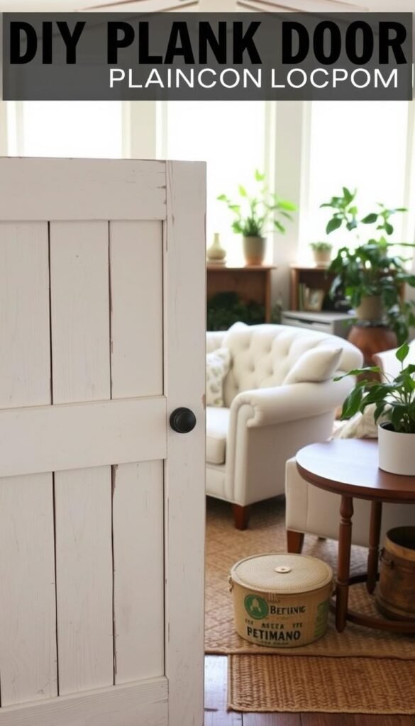 Detailed, rustic DIY plank door transformation in a cozy cottage living room. Foreground shows a wooden plank door, its worn and weathered surface given new life with a fresh coat of white paint. Middle ground has a mix of vintage furniture, like a tufted armchair and a wooden side table, creating a welcoming, lived-in vibe. Soft, natural lighting filters in through large windows, casting a warm glow over the space. Lush potted plants and a woven rug add pops of greenery and texture to the background, completing the charming, budget-friendly aesthetic. Conveys a sense of character, coziness, and DIY ingenuity.