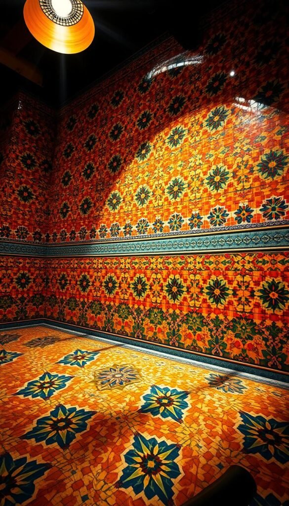 Detailed zellige tile mosaic patterns in warm Moroccan colors, featuring intricate geometric designs and bold hues. The tile mosaic fills the frame, capturing the artistry and craftsmanship of this traditional North African decor. Dramatic overhead lighting casts dynamic shadows, highlighting the depth and texture of the tiles. Shot from a low angle to emphasize the grandeur and scale of the mosaic installation. The overall mood is one of opulence, cultural richness, and timeless elegance.