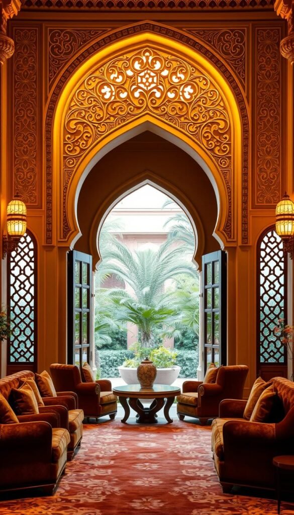 Elegant Arabian-style interior with a grand archway serving as the focal point. Warm, golden lighting from decorative sconces casts a soft glow, accentuating the intricate carved patterns on the arched entryway. Plush, richly textured fabrics in earthy tones adorn the furnishings, creating a cozy yet opulent ambiance. The arched window frames offer a glimpse of a lush, verdant courtyard beyond, suggesting a seamless integration of indoor and outdoor spaces. A sense of timeless sophistication pervades the scene, inviting the viewer to bask in the splendor of traditional Arabian architectural design.