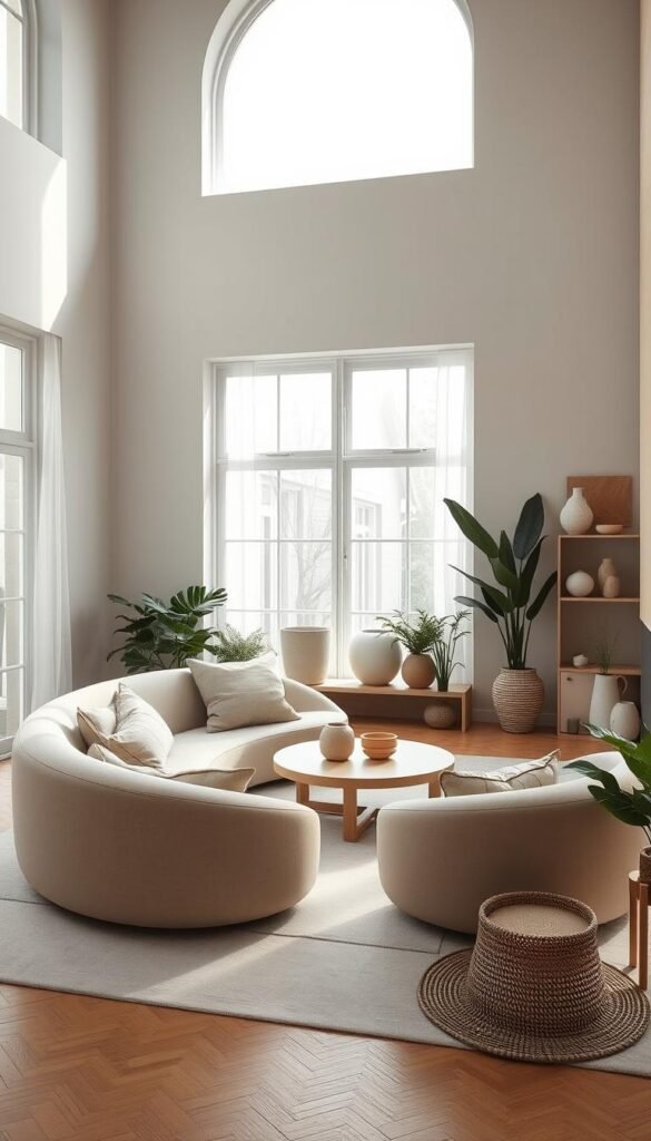 Elegant Scandinavian living room with curved, organic silhouettes and minimalist, nature-inspired decor. Soft, diffused natural lighting filters through large windows, creating a serene, calming atmosphere. Curving sofa in neutral tones, accented by rounded coffee table and shelves with abstract ceramic sculptures. Lush potted plants and woven textures add tactile, earthy elements. Muted color palette of whites, grays, and wood tones, reflecting the Scandinavian design aesthetic. Camera angle showcases the harmonious interplay of forms and materials, capturing the essence of Pinterest-worthy Scandinavian modern living. Elegant Scandinavian living room with curved, organic silhouettes and minimalist, nature-inspired decor. Soft, diffused natural lighting filters through large windows, creating a serene, calming atmosphere. Curving sofa in neutral tones, accented by rounded coffee table and shelves with abstract ceramic sculptures. Lush potted plants and woven textures add tactile, earthy elements. Muted color palette of whites, grays, and wood tones, reflecting the Scandinavian design aesthetic. Camera angle showcases the harmonious interplay of forms and materials, capturing the essence of Pinterest-worthy Scandinavian modern living.