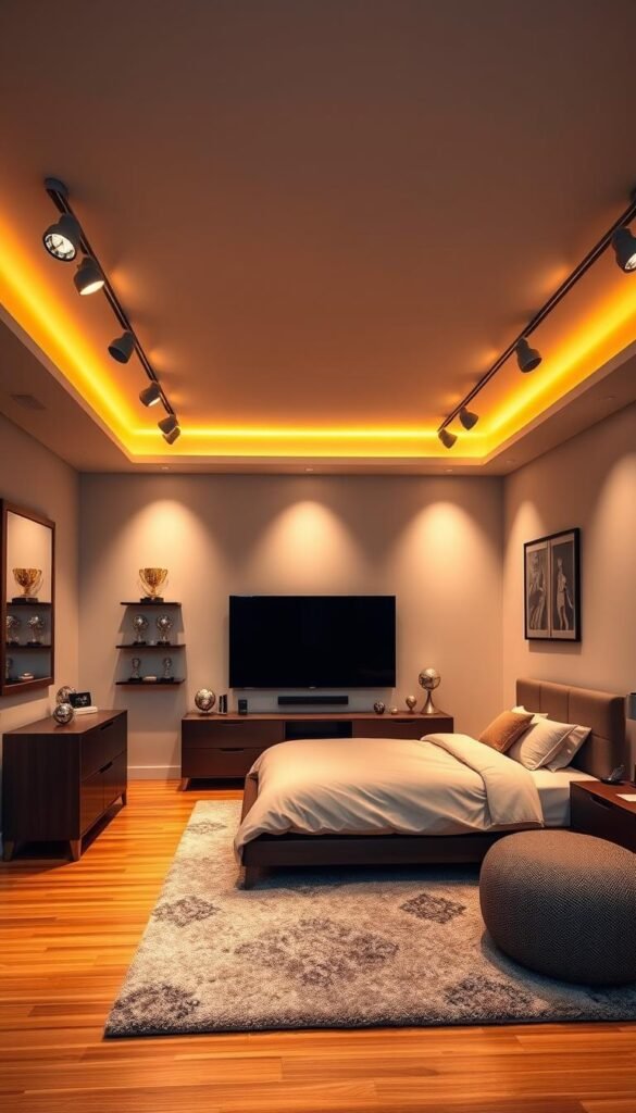 Elegant athletic bedroom with warm, focused lighting design. Sleek metallic fixtures casting a golden glow onto a minimalist sports-themed decor. Hardwood floors, neutral walls, and a plush area rug framing the space. Spotlights highlighting a trophy display, sports memorabilia, and a large flatscreen TV. Overhead lighting fixtures with adjustable beams create a dynamic, high-intensity atmosphere perfect for an active, youthful ambiance. Cinematic camera angle showcasing the balanced, harmonious blend of lighting and sport-inspired design elements.