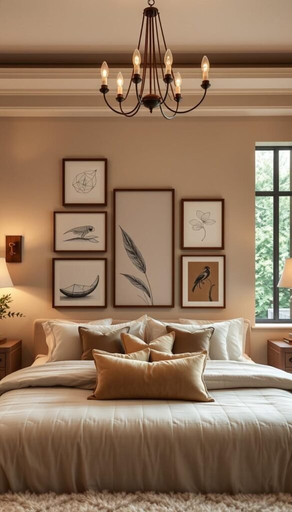 Elegant beige bedroom with a focal point of a well-curated art wall arrangement. Soft, warm lighting from sconces and a modern chandelier create a cozy, inviting atmosphere. In the foreground, a mix of framed paintings, line drawings, and abstract prints are displayed asymmetrically, adding depth and visual interest. Neutral-toned throw pillows, a plush area rug, and natural wood accents in the middle ground complement the artwork. The background features a large window overlooking lush greenery, further emphasizing the serene, nature-inspired palette. An overall sophisticated and refined aesthetic that effortlessly blends art, decor, and ambiance. Elegant beige bedroom with a focal point of a well-curated art wall arrangement. Soft, warm lighting from sconces and a modern chandelier create a cozy, inviting atmosphere. In the foreground, a mix of framed paintings, line drawings, and abstract prints are displayed asymmetrically, adding depth and visual interest. Neutral-toned throw pillows, a plush area rug, and natural wood accents in the middle ground complement the artwork. The background features a large window overlooking lush greenery, further emphasizing the serene, nature-inspired palette. An overall sophisticated and refined aesthetic that effortlessly blends art, decor, and ambiance.
