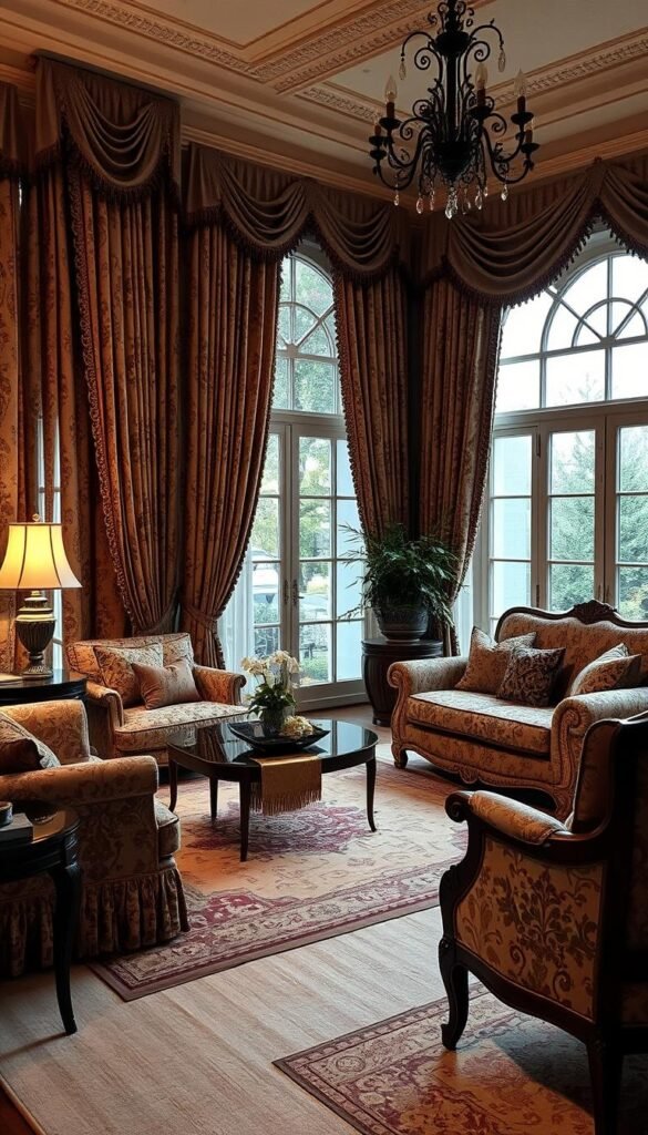 Elegant living room with a cozy, sophisticated ambiance. Plush, patterned textiles adorn the space - ornate curtains, a luxurious area rug, and meticulously upholstered furniture. Soft lighting casts a warm glow, illuminating the intricate jacquard, damask, and brocade designs. Neutral color palette with accents of gold and burgundy. Thoughtfully arranged furniture creates an intimate conversation area. Large windows allow natural light to filter in, highlighting the refined, classic aesthetic. Regal, high-quality fabrics imbue the room with a sense of timeless elegance.