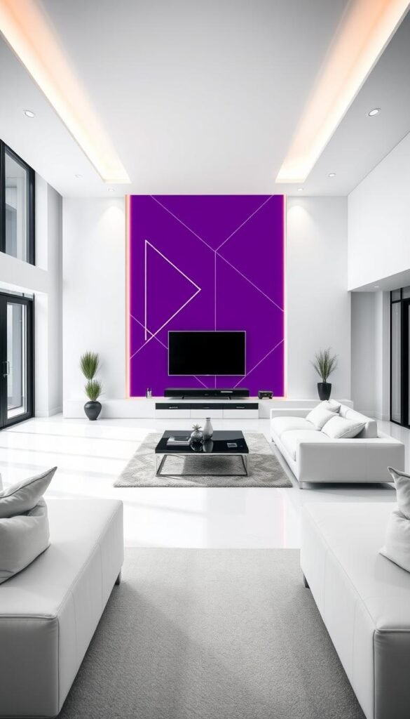 Elegant modern living room with a sleek black and white color scheme. The focal point is a bold, vibrant accent color design on the wall, creating a striking visual contrast. The design features a geometric pattern with clean lines and sharp angles, subtly reflecting the minimalist aesthetic of the space. Soft, diffused lighting from recessed ceiling fixtures illuminates the room, casting a warm, cozy glow. The room is spacious and airy, with large windows allowing natural light to flood in. The accent color design adds a dynamic, eye-catching element that elevates the overall sophisticated, monochromatic interior.