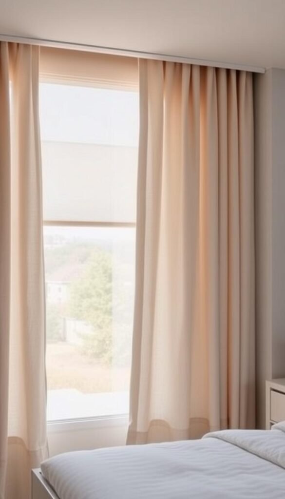 Elegant modern window treatments, featuring sleek, minimalist panels in a soothing color palette. The curtains, crafted from high-quality linen, gently filter the natural light, creating a warm, inviting ambiance. The clean lines and thoughtful design add a touch of sophistication to the space. Subtle textures and refined hardware elevate the overall look, effortlessly blending form and function. Captured in a soft, diffused lighting setup, the window treatments frame the serene outdoor view, seamlessly integrating the interior and exterior. A visually harmonious and calming scene, perfectly suited for a modern bedroom sanctuary.