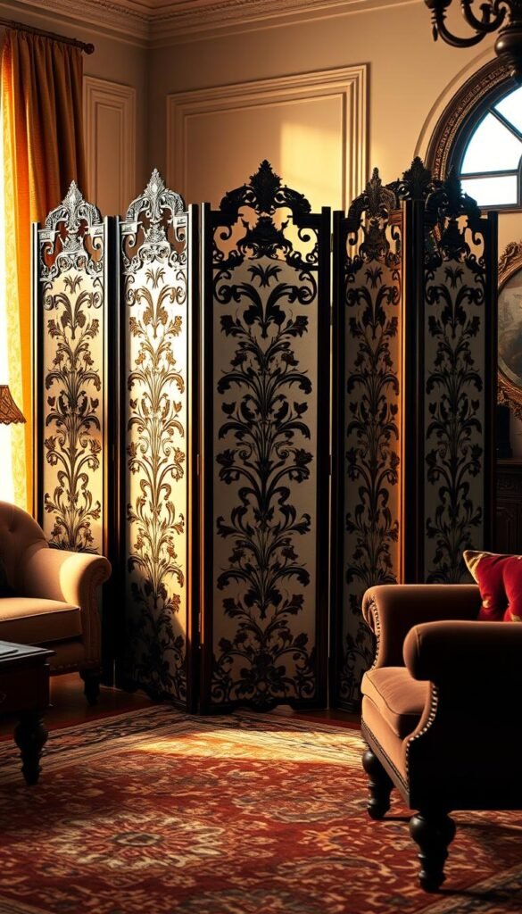 Elegant vintage folding screen room divider with intricate floral motifs and carved wood frames. Positioned in a luxurious living room setting with plush velvet seating, warm lighting, and a vintage Persian rug. The screen casts soft, atmospheric shadows, infusing the space with old-world charm. Rendered with a shallow depth of field, focusing attention on the detailed craftsmanship of the screen. Captures the essence of timeless, high-end interior design.