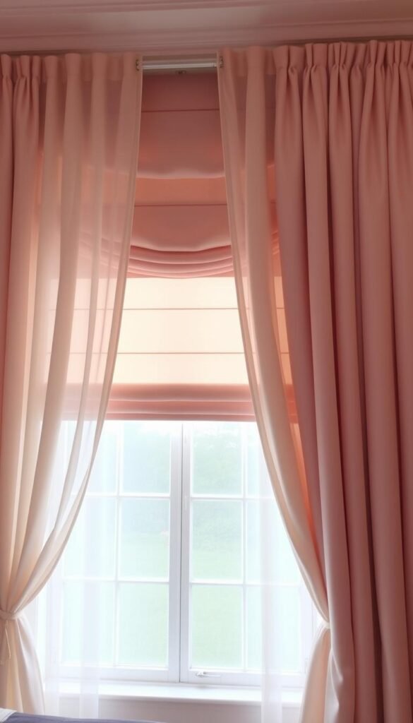 Elegant window treatments, soft and flowing, adorning a delicate pink bedroom. Sheer curtains in a pastel hue cascade elegantly, filtering the natural light and creating a warm, inviting ambiance. The middle layer features tailored roman shades in a luxurious satin finish, adding subtle texture and depth. In the background, lush draperies in a complementary color palette frame the window, lending a sense of grandeur and sophistication. Lighting is soft and diffused, casting a gentle glow and accentuating the refined elegance of the space. The overall composition evokes a serene, feminine atmosphere, perfect for a grown-up take on a girly pink bedroom.