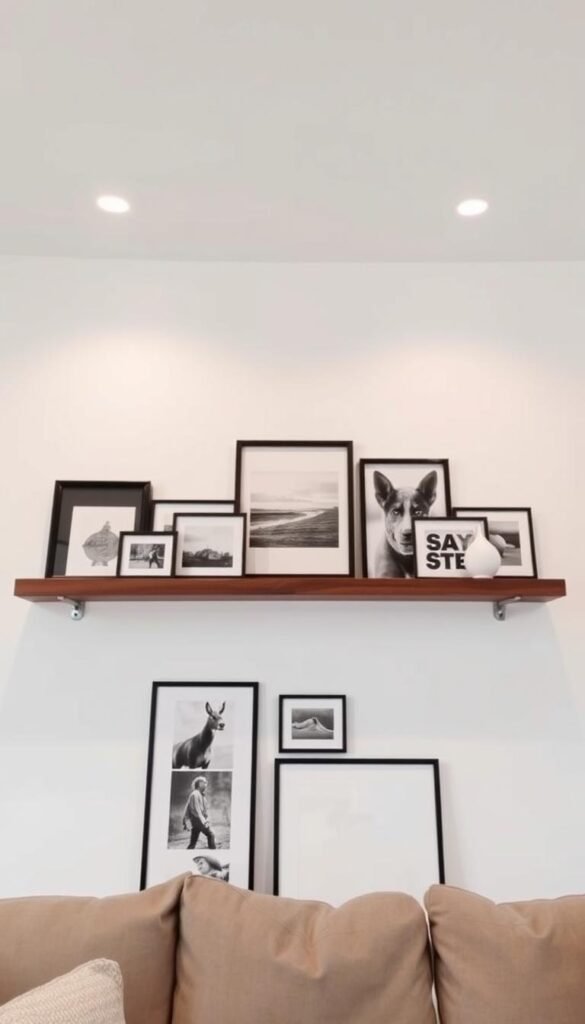 Gallery wall arrangement planning, with a modern, minimalist aesthetic. In the foreground, an assortment of framed artworks and photographs, thoughtfully curated and arranged in a dynamic, asymmetric layout. The middle ground features a sleek, wooden floating shelf, providing a clean surface to display additional decor pieces. Soft, diffused lighting from recessed fixtures above casts a warm glow, highlighting the textures and tones of the artwork. The background showcases a crisp, white wall, allowing the gallery display to be the focal point. The overall composition conveys a sense of balance, creativity, and an elevated living room ambiance.
